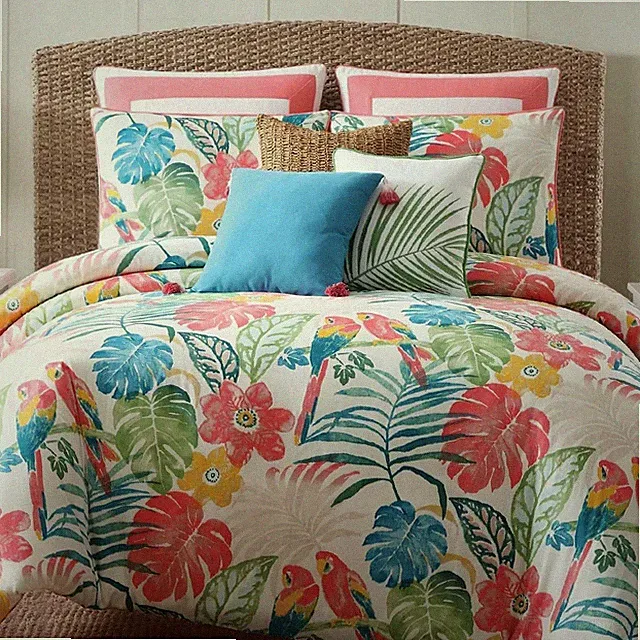 Tropical Comforter Set Twin Floral Birds Blue Coral Green 2 Piece Cotton Bedding