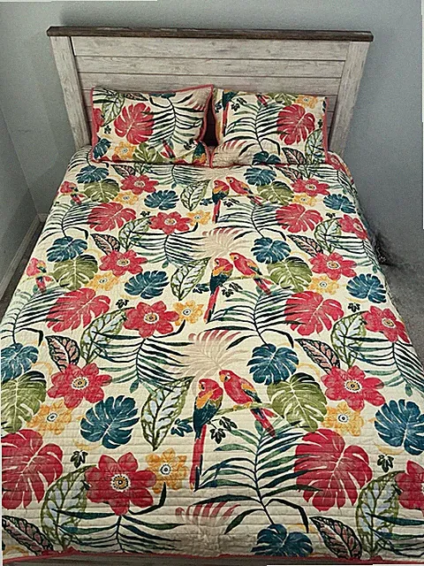 Tropical Parrot Bird Quilted Bedspread Comforter 2 Shams Queen Ocean Resort