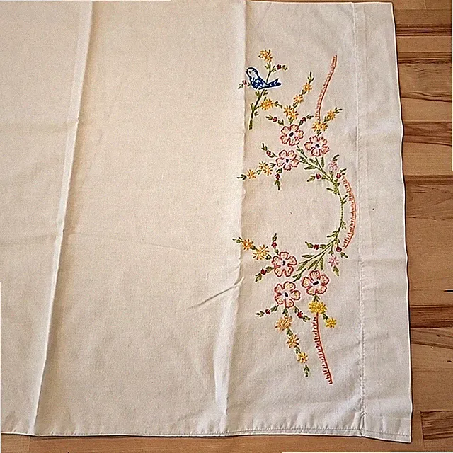Vintage Embroidered Pillowcase Blue Bird & Flowers - Standard Bed