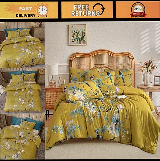 Vintage Floral Bird Comforter Set King - Soft Microfiber Yellow Bedding, 1 Comfo