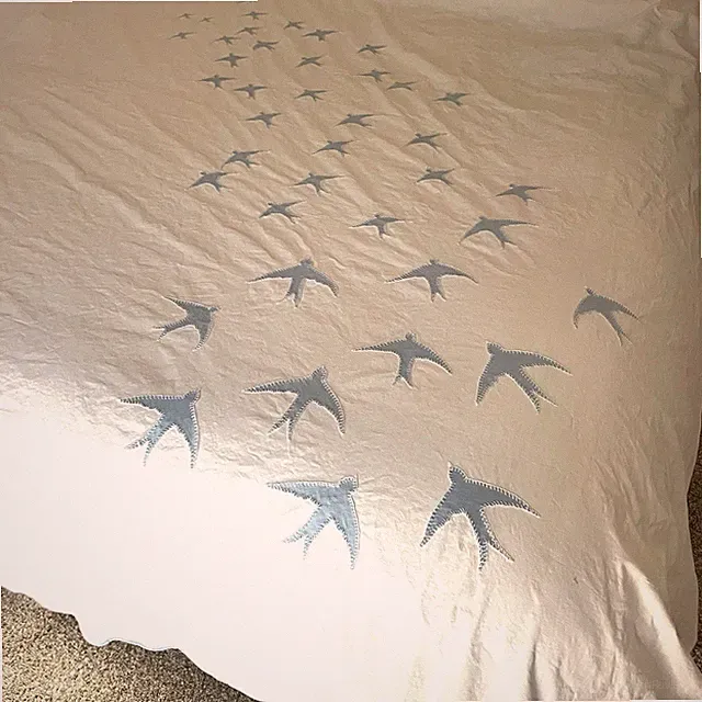 Vtg MCM Bird Applique Coverlet Sheet Full Double White Blue Cotton Scallop Hem