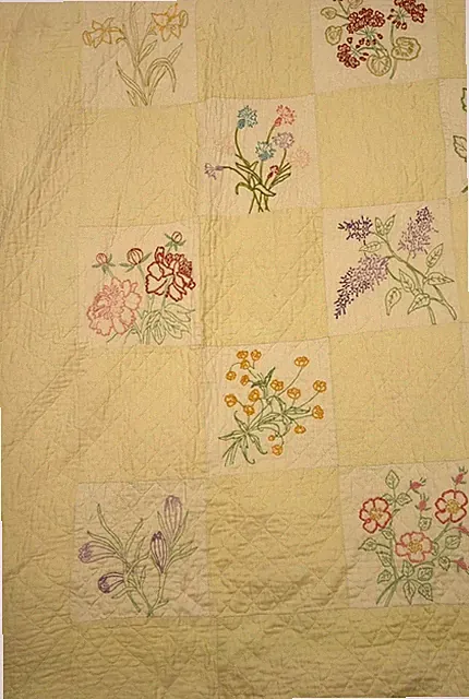 Vtg Quilt Embroidered Flowers Birds Butterflies Cotton Bedspread Yellow 81x65"