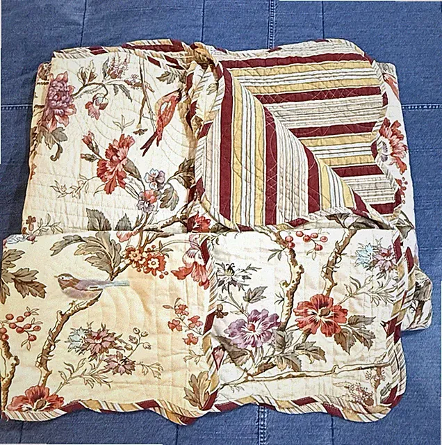 Waverly Charleston Chirp Bird Full Queen Coverlet Shams Reversible Floral Stripe