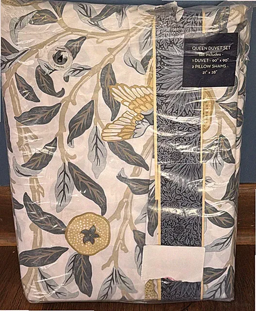 William Morris England Bird Pomegranate Leaf Floral Ochre Queen Duvet Set/3 ~New